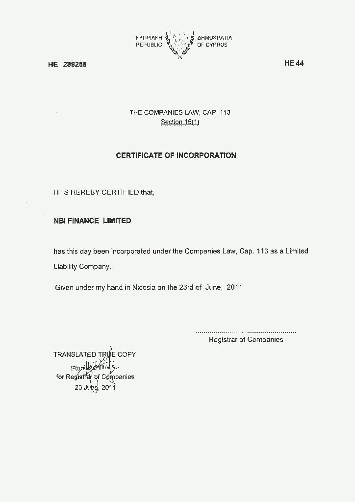NBI Investments. Certificate of incorporation. ENG